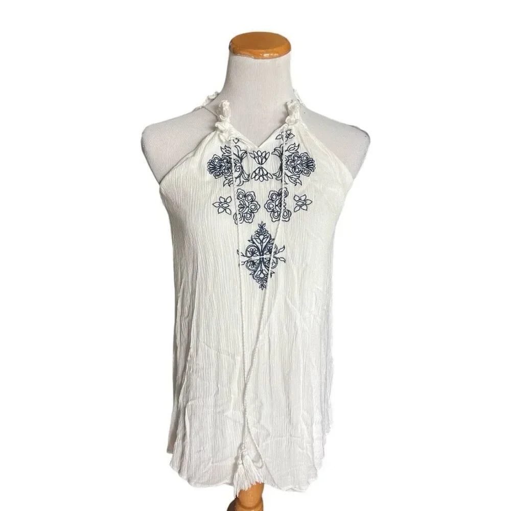 Womens Anthropologie Love Tree Boho Crinkle Embroidered Airy Tassel Tank Top - M